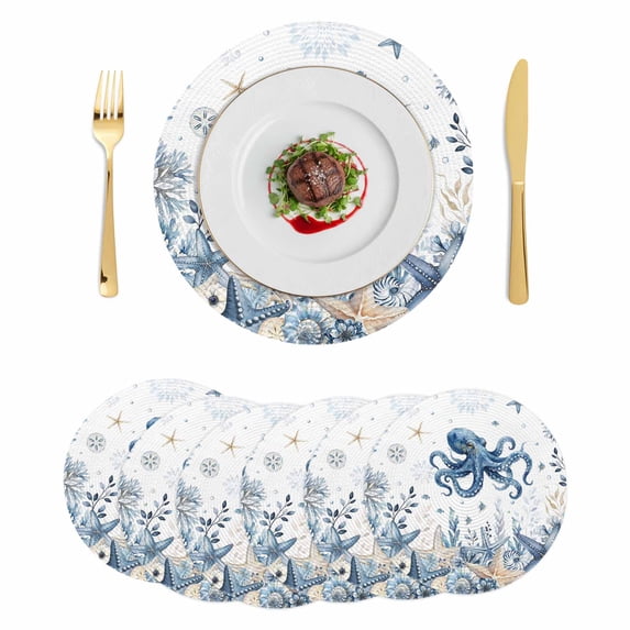 Blue Octopus Coastal Round 13 Inch Placemats Set of 6, Beach Starfish Nautical Coral Shell HeatResistant Non Slip Place Mats for Dining Table, Wipeable Braided Kitchen Table Mats for Housewarming