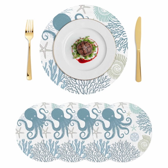 Blue Octopus Coastal Round 15 Inch Placemats Set of 4, Summer Beach Nautical Coral HeatResistant Non Slip Place Mats for Dining Table, Wipeable Braided Kitchen Table Mats for Housewarming