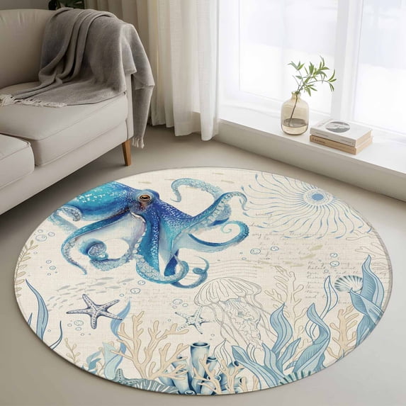 Blue Octopus Coastal Round Rug 3ft Washable Circle Entryway Rugs Non Slip Coral Summer Beach Nautical Ocean Beige Area Rug Indoor Floor Carpet for Bedroom Kitchen Living Room Home Office Dining Room