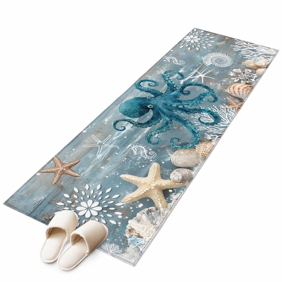 Blue Octopus Coastal Runner Rug 2x6 FT, Non Slip Hallway Carpet, Summer Beach Ocean Starfish Coral Washable Soft Floor Carpet Throw Runner Carpet Long Rug for Entryway Kitchen Bedside Sliding Door