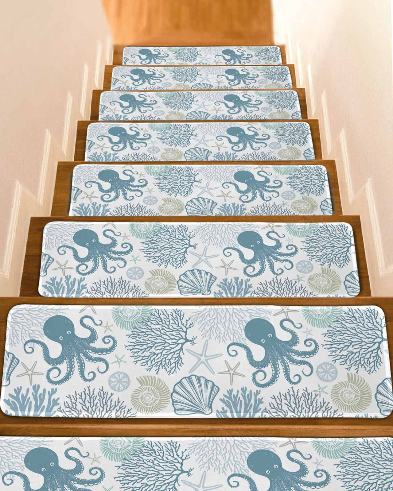 Blue Octopus Coastal Stair Treads for Wooden Steps Indoor Runner Rug ...