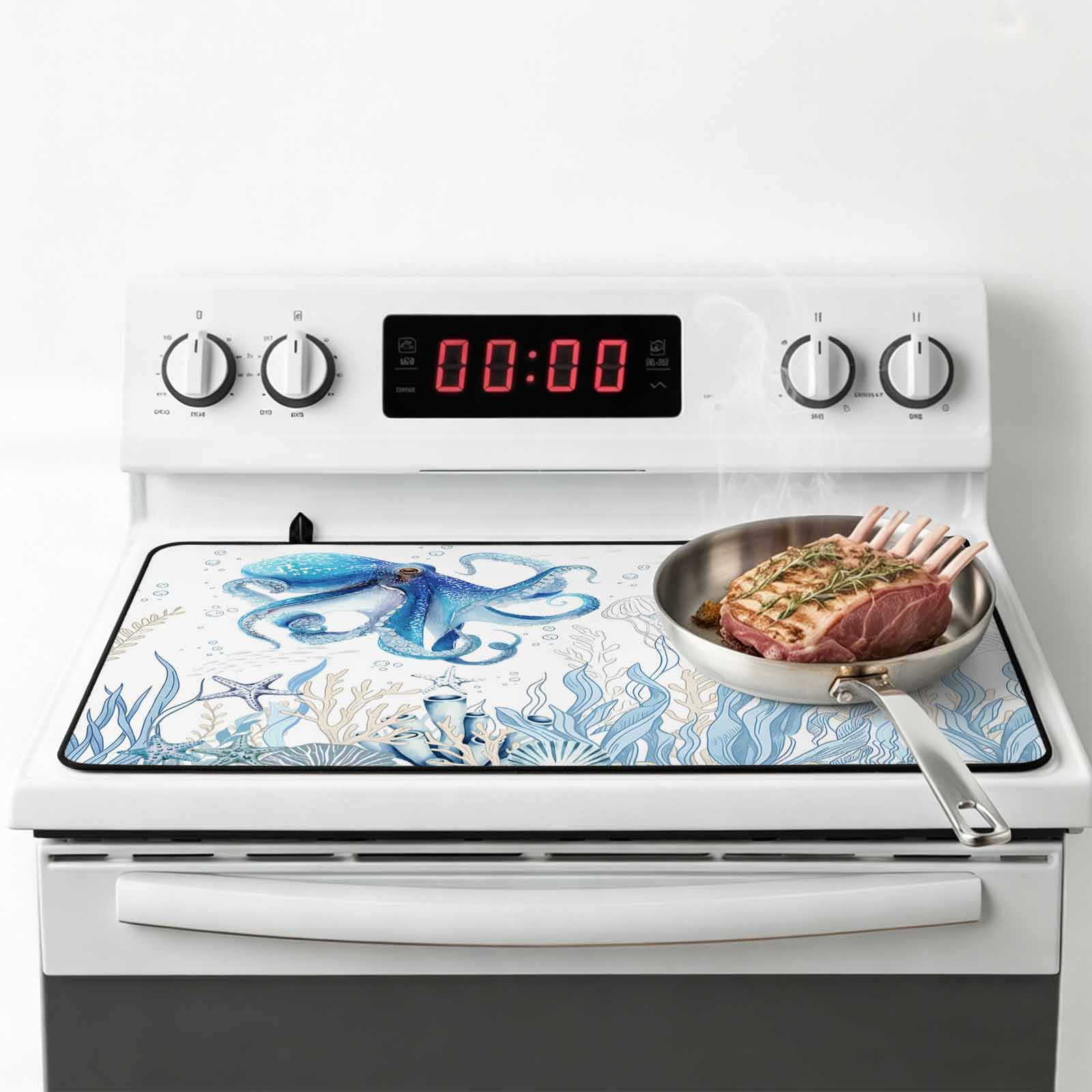 Blue Octopus Coastal Stove Top Cover for Electric Stove, Heat-proof & Non Slip Glass Top Stove Cover Protector, Summer Beach Nautical Ocean Coral Starfish Kitchen Flat Cooktop Rubber Mat 24x21 Inches