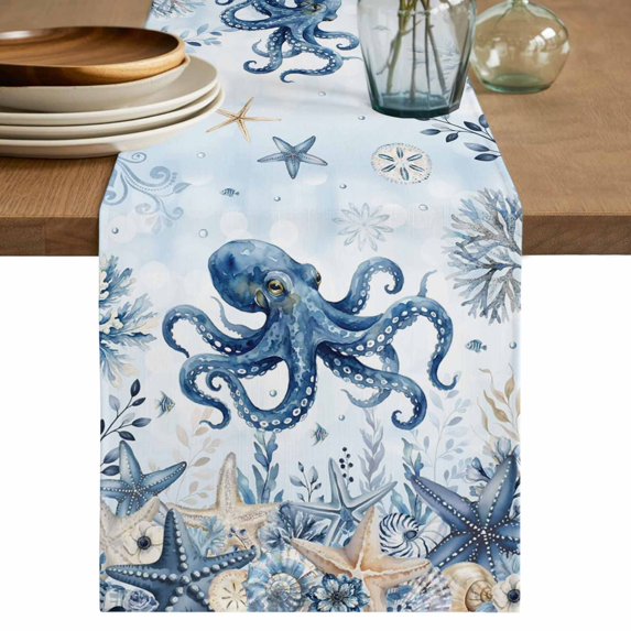 Blue Octopus Coastal Table Runner 72 Inches, Beach Starfish Nautical Coral Ombre Bed Runner Dresser Scarves Tabletop for Indoor Outdoor Parties/Ceremony/Banquet, 13" x 72"