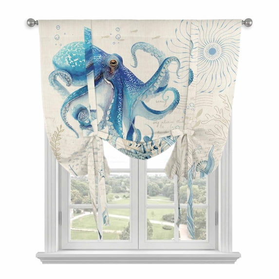 Blue Octopus Coastal Tie Up Curtains 45 Inches Long, Kitchen Window Curtains Over Sink, Coral Summer Beach Nautical Ocean Beige Small Window Curtains Balloon Curtains Valances for Bedroom 34"x45"