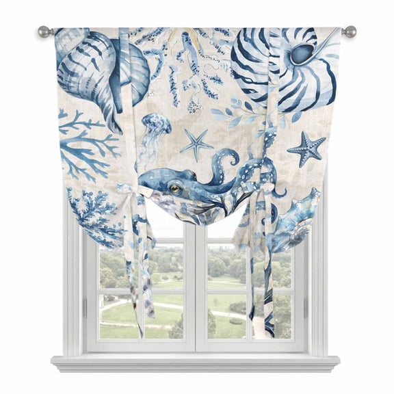 Blue Octopus Coastal Tie Up Curtains for Small Windows,Adjustable Rod Pocket Valance 45 Inch Short, Summer Beach Coral Conch Shell Ocean Beige Window Treatment Balloon Roman Blind Shade, 34" x 45"