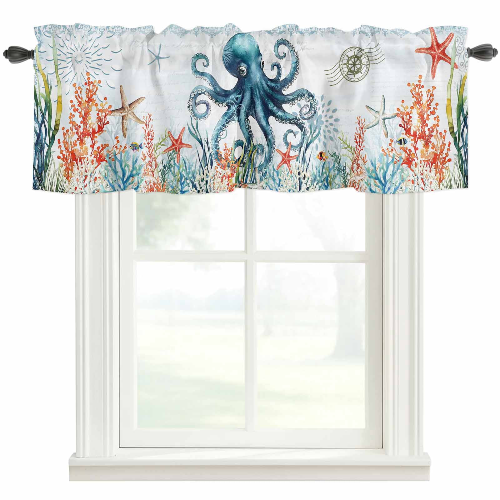 Blue Octopus Coral Seagrass Window Valance Curtain Fish Ocean Rod ...