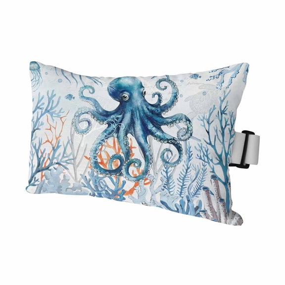 Blue Octopus Coral Seamless Outdoor Pillow for Chaise Lounge Chair,Sea Monster Starfish Jellyfish Waterproof Headrest Lumbar Pillows with Insert&Elastic Strap for Patio Pool Garden Chairs,1 Pack