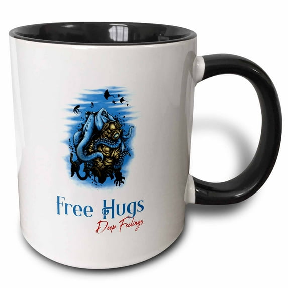 3drose, Blue Octopus Hugs a Diver Armor. Text Free Hugs, Deep Feelings, 15oz Two-tone Black Mug