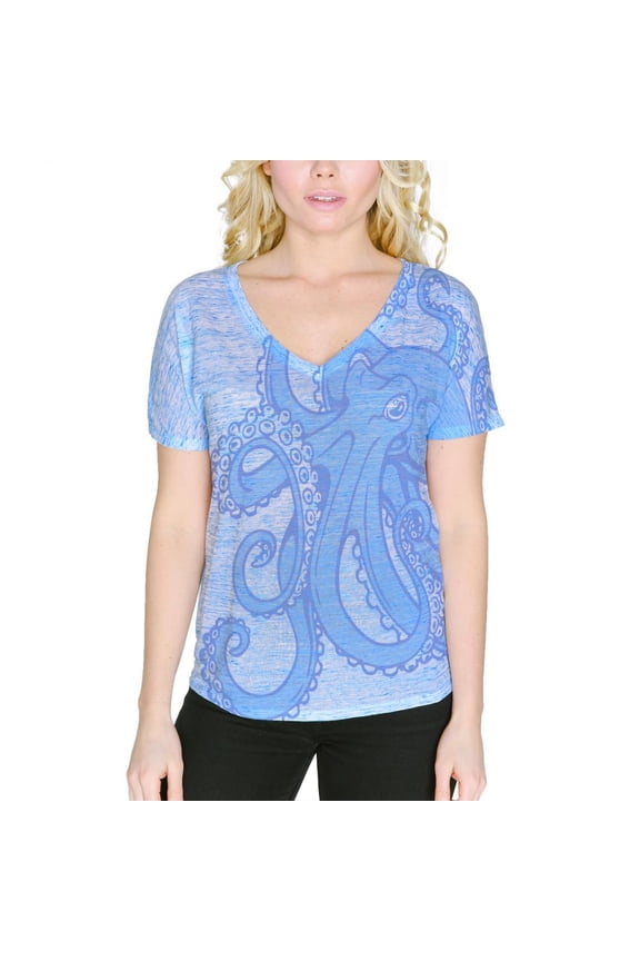 Blue Octopus Ink Women's Slouchy V-Neck T Shirt Blue Marble SM