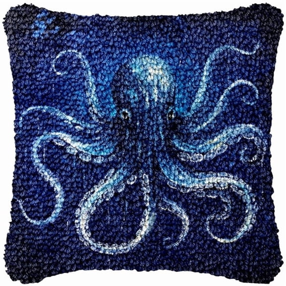 Blue Octopus Latch Hook Kits Pillow DIY Pillow Cover Crochet Hooking Cushion Making Kits Color Pattern Canvas Pillowcase Hooking Kits DIY Latch Hook Kits Set 43x43cm(F15)