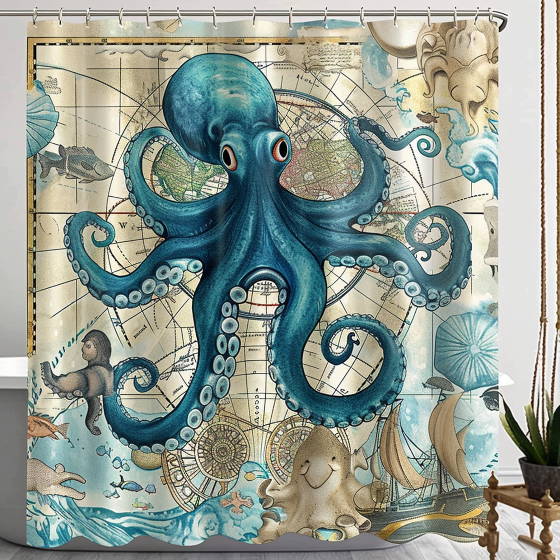 Blue Octopus Nautical Style Shower Curtain with Underwater Map and Sea