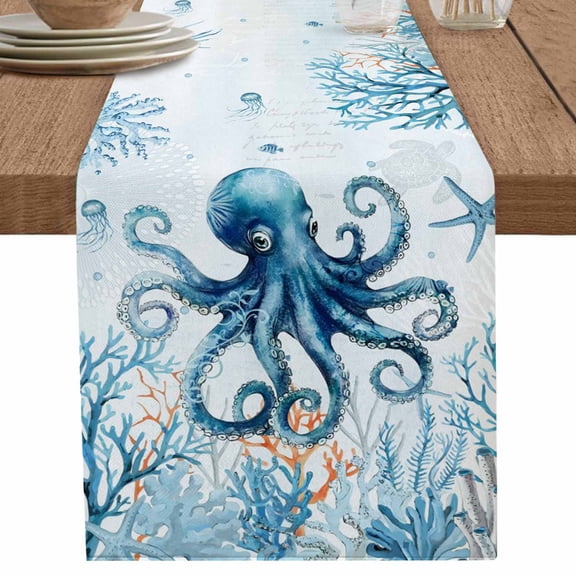 Blue Octopus Ocean Coral Starfish Table Runner-36 Inch Long Underwater World Table Runners Linen Burlap Tablerunner for Kitchen Dining Room Holiday Party