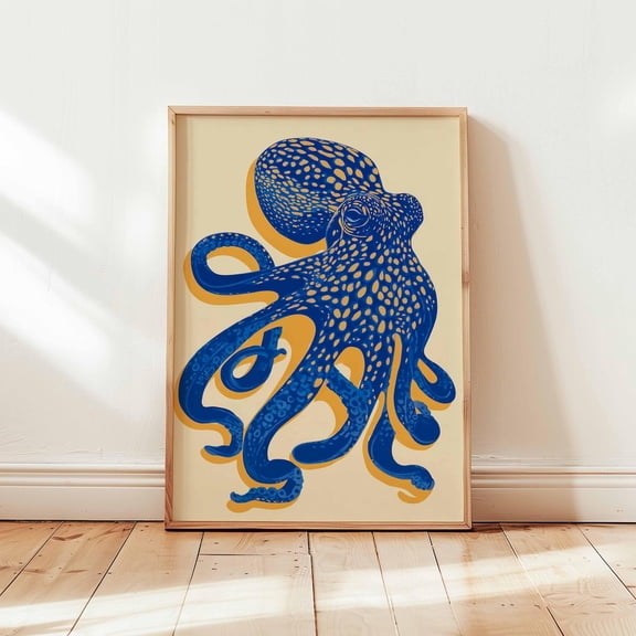 Blue Octopus Poster Nautical Sea Life Wall Art Ocean Animal Decor, Unframed Poster