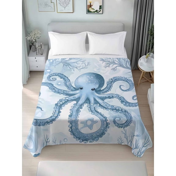 Blue Octopus Queen Size Flat Sheet, Wrinkleproof & Fadeproof Cooling Flat Bed Sheet Only, Summer Watercolor Ocean Coral Breathable Soft Bedding Top Sheets 90 x 102 Inches