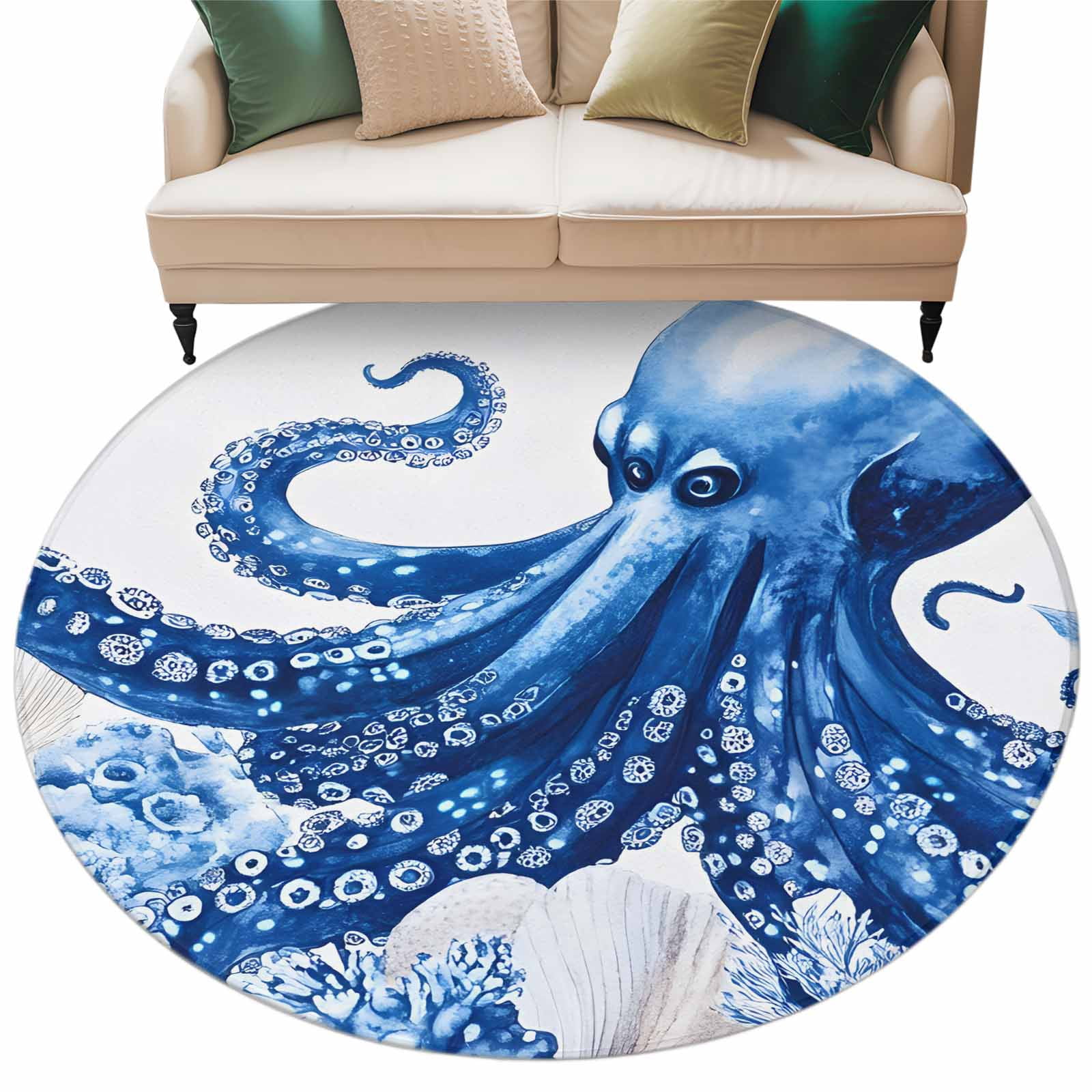 Blue Octopus Round Area Rug 6ft Marine Animal Coral Shell Jellyfish ...