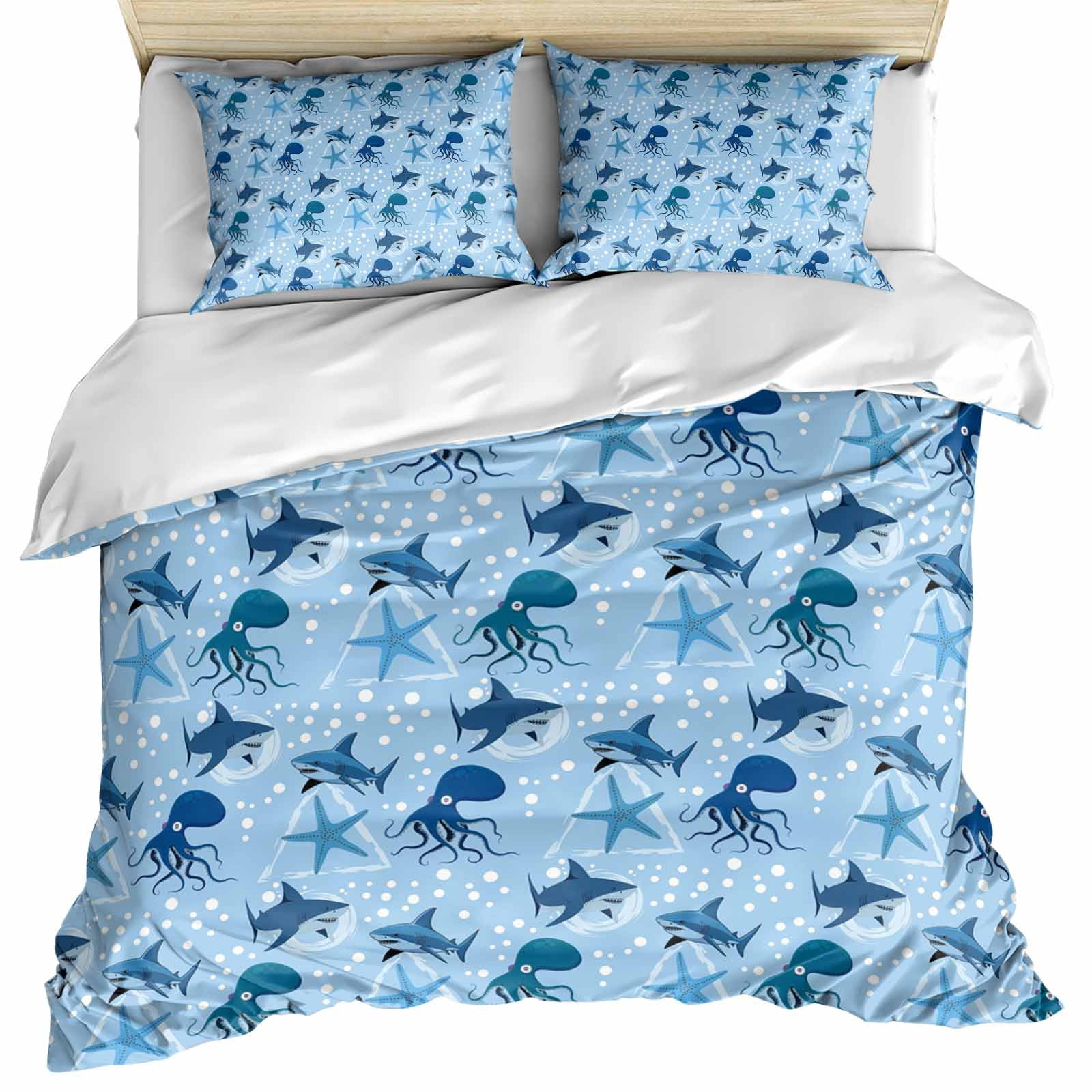 Blue Octopus Shark Bedding 3 Piece Duvet Cover Set Queen Size, Coastal ...