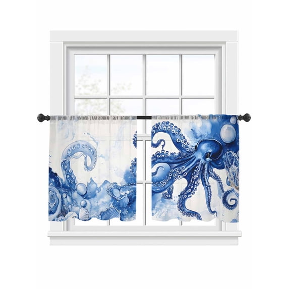 Blue Octopus Sheer Curtains 45 Inch Long 2 Panels, Watercolor Marine ...