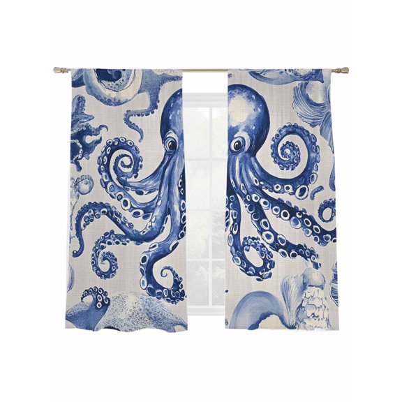 Blue Octopus Sheer Curtains 72 Inch Long 2 Panels, Ocean Coral Shell Retro Linen Light Filtering Rod Pocket Curtains, Sheer Voile Drapes for Living Room Bedroom, 52"x72"