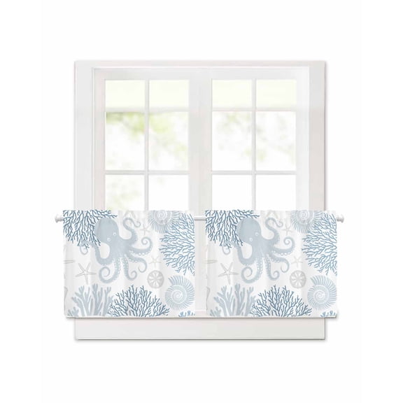 Blue Octopus Short Blackout Curtains 24 Inch Long Ocean Starfish Shell Coral Marine Life Rod Pocket Kitchen Curtains, 2 Panels Thermal Insulated Room Darkening Drapes for Bedroom, 42"W x 24"L