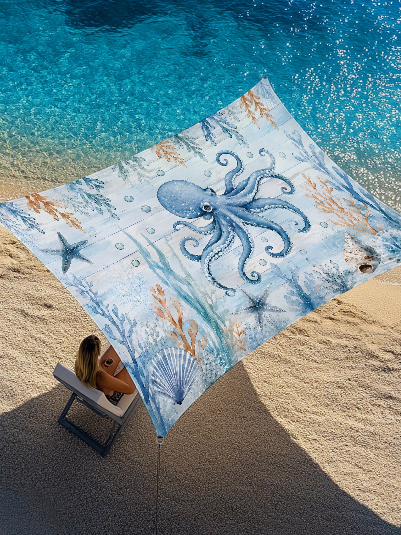 Blue Octopus Sun Shade Sail 6.5' x 10', Nautical Coastal Shell Bubble ...