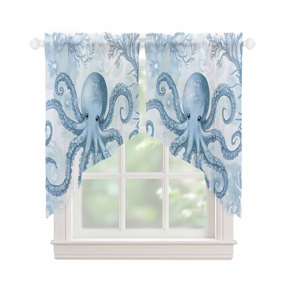Blue Octopus Swag Valances for Windows, Summer Watercolor Ocean Coral Rod Pocket Sheer Valances for Small Windows, Swag Toppers Light Filtering for Kitchen Living Room 2 Panels 36''x36''