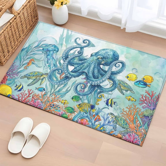 Blue Octopus Washable Small Entryway Area Rugs 2'x3', Jellyfish Fish Turtles Color Coral Ocean Life Gradient Low Pile Throw Rug Non-Slip Sturdy Edge Binding Carpet for Front Door Floor Room Entry