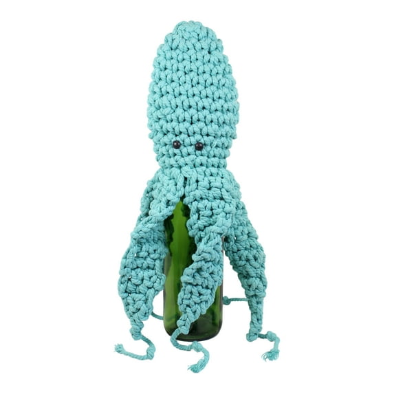 Blue Octopus Wine Bottle Cover Woven Macrame Tabletop Figurine