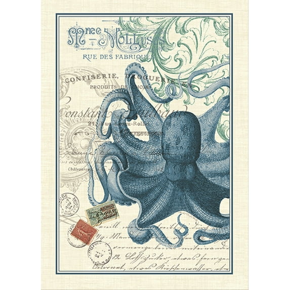 Blue Octopus on Cream Cotton Kitchen Dish Towel 28 Inches