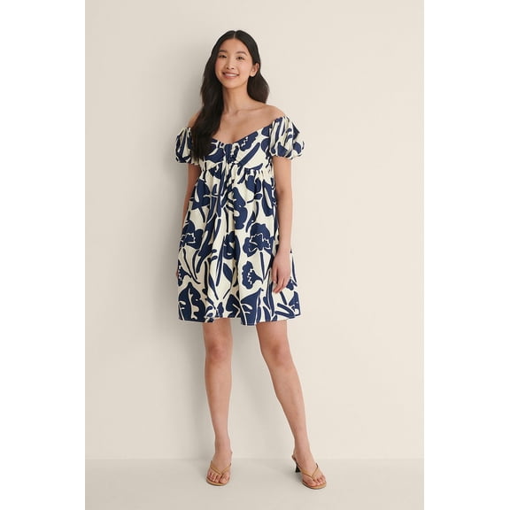 Blue Off Shoulder Mini Cotton Dress