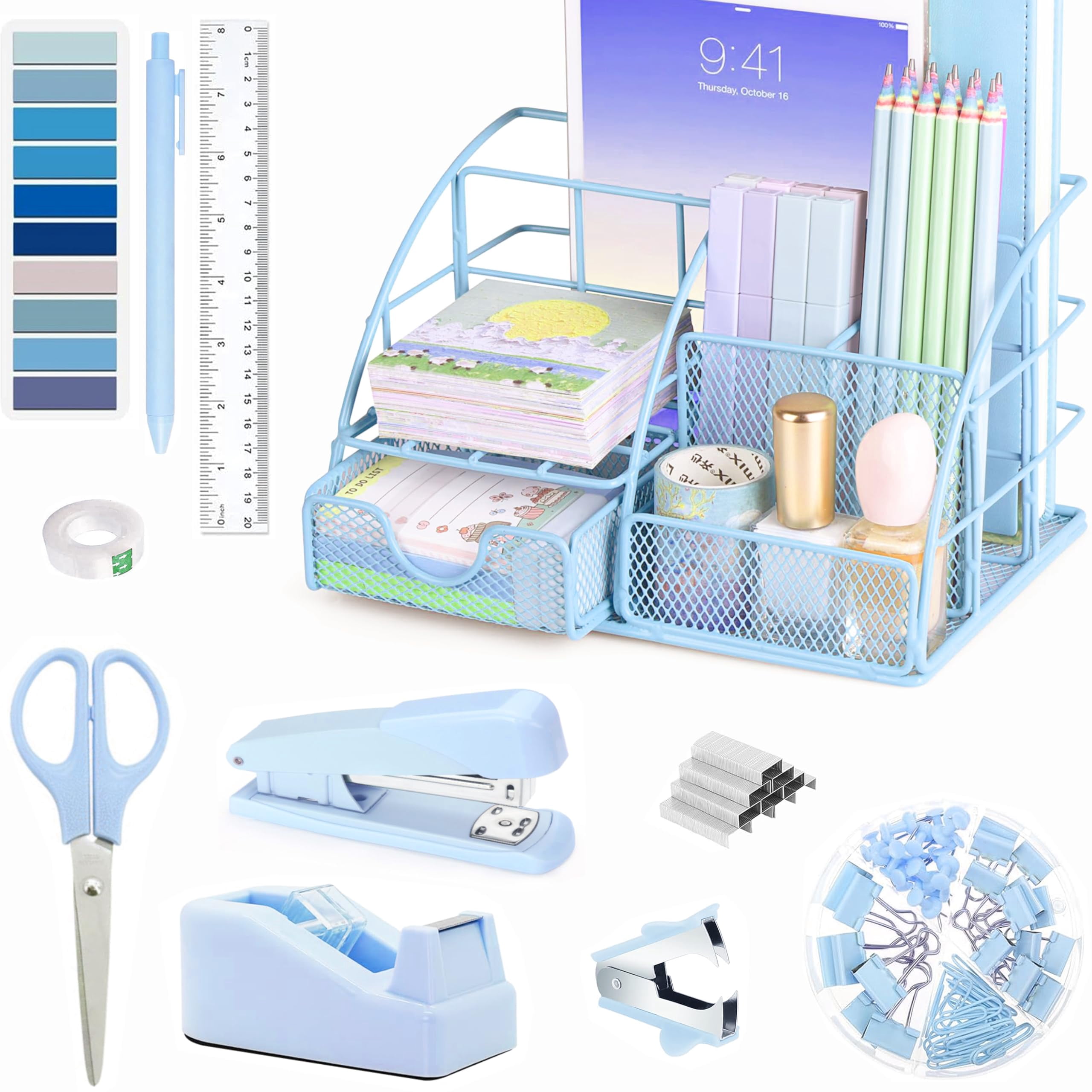 Blue Office Desk Accessories Supplies  10pcs Organizers And With Tape Dispenser Stapler Staples Scissor Ruler Sticky Tabs Ballpoint Pen Clips Set