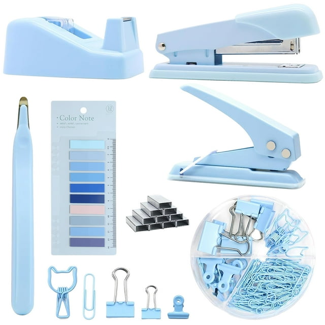 Sytley Blue Office Supplies and Desk Organizer Kit with Stapler, Tape