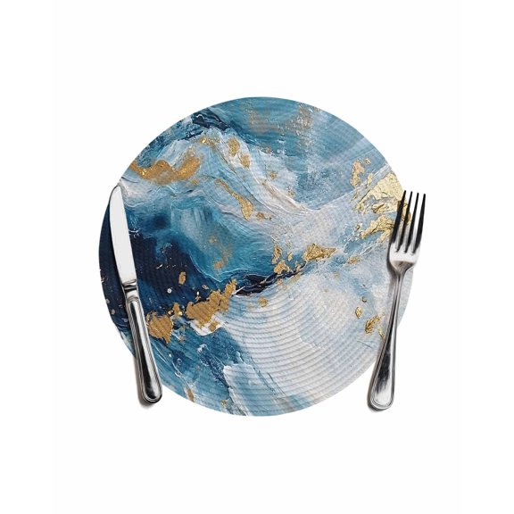 Blue Oil Painting Round Placemats for Dinning Tables, Heat-proof Braided Table Mats 13 Inch, Modern Marble Art Abstract Washable Place Mat for Kitchen Restaurant Party Decor Supplies Table Setting