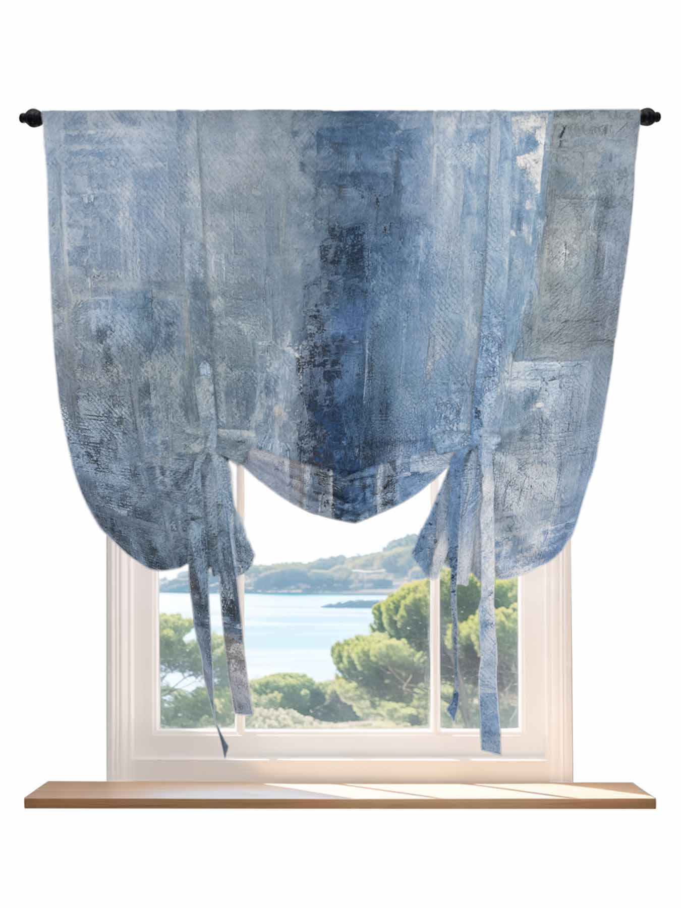 Blue Oil Painting Tie Up Curtains for Windows 45 Inch Length Balloon ...