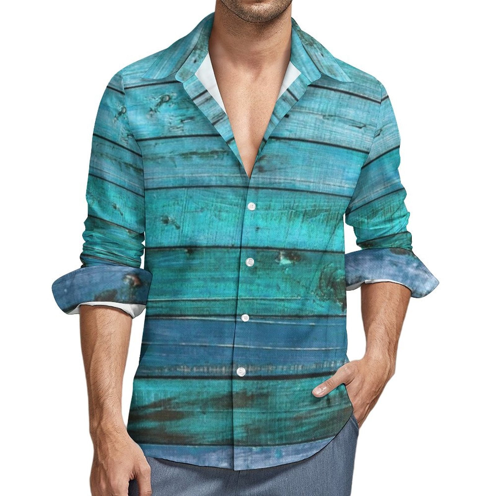 Timber Pattern Shirts Blue Old Wood Texture Hawaiian Shirt for Men Long Sleeve Button Down ...