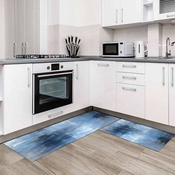 Blue Ombre 2 Pieces Non-Slip Kitchen Mat Set Modern Oil Painted Retro Abstract Art Soft Door Mat with Rubber Backing,Dirtproof Rugs for Entrance Doorway 23.6x35.4in+23.6x70.9in