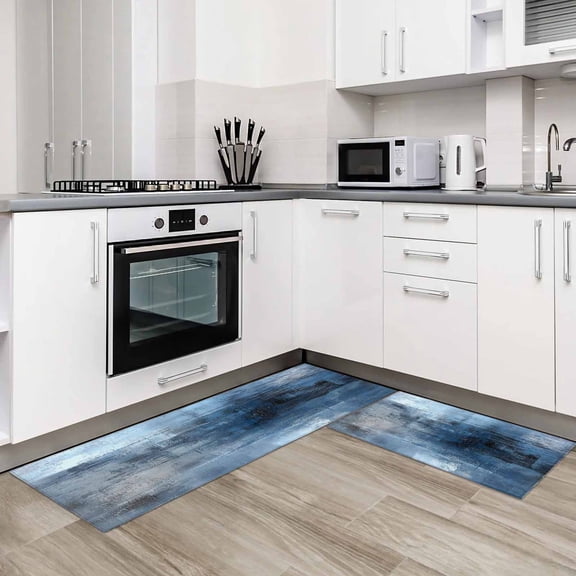 Blue Ombre 2 Pieces Non-Slip Kitchen Mat Set Modern Retro Oil Painted Abstract Art Soft Door Mat with Rubber Backing,Dirtproof Rugs for Entrance Doorway 18x30in+18x48in