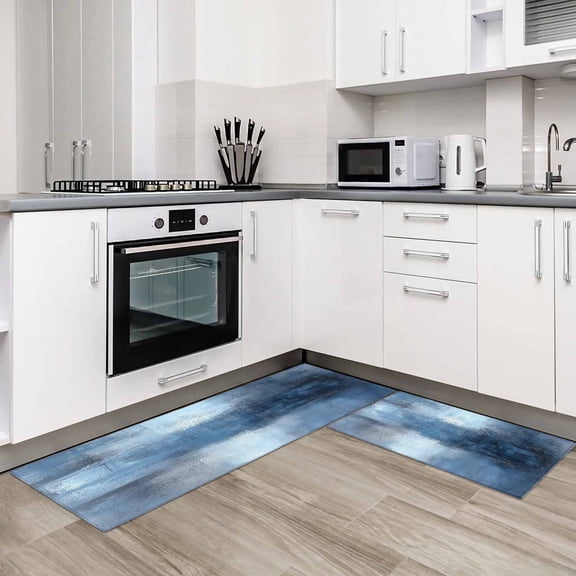 Blue Ombre 2 Pieces Non-Slip Kitchen Mat Set Oil Painted Retro Abstract Art Modern Soft Door Mat with Rubber Backing,Dirtproof Rugs for Entrance Doorway 23.6x35.4in+23.6x70.9in