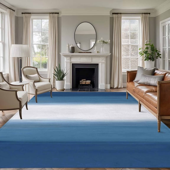 Blue Ombre 8'x10' Large Area Rug for Living Room Sectional Sofa, Abstract Navy Blue Ombre White Stripes Modern Washable Non Slip Low Pile Rectangle Area Rug