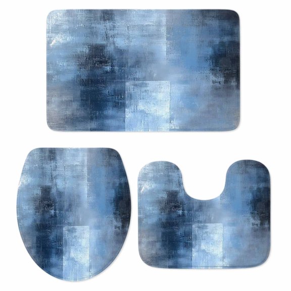 Blue Ombre Bath Mat 3 Piece Bathroom Rug Set, Modern Oil Painted Retro Abstract Art Non Slip Bath Rug Contour Mat and Toilet Lid Cover, Absorbent Shower Mats Soft Bath Rugs and Mats Sets