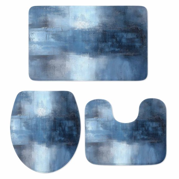 Blue Ombre Bath Mat 3 Piece Bathroom Rug Set, Oil Painted Retro Abstract Art Modern Non Slip Bath Rug Contour Mat and Toilet Lid Cover, Absorbent Shower Mats Soft Bath Rugs and Mats Sets