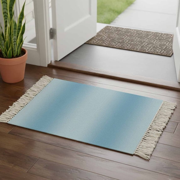 Blue Ombre Bathroom Rug 2'x3', Modern Abstract Art Farmhouse Gradient Low Profile Front Entryway Rug with Tassels, Woven Cotton Washable Kitchen Mat Carpet for Foyer Bedroom Back Door Decor