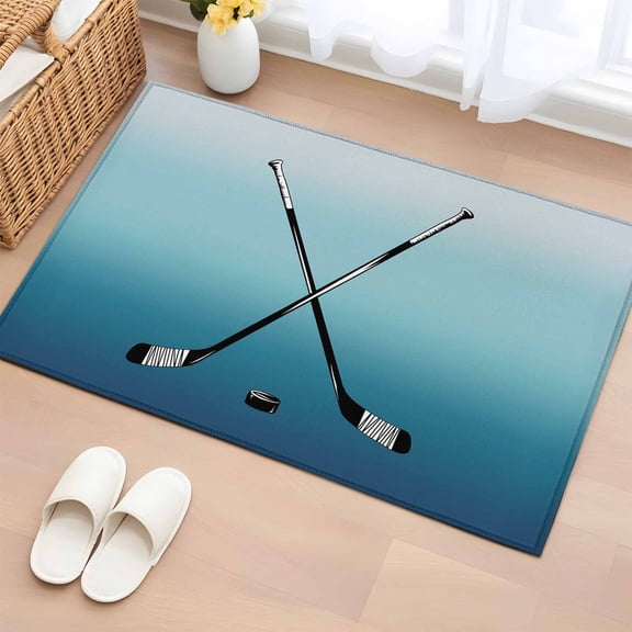 Blue Ombre Bathroom Rug Washable 2x3 Entryway Rug Non Slip Black Hockey Sticks Minimalist Style Front Door Mat Low Pile Indoor Doormat Throw Floor Carpet for Kitchen Bedroom Entrance