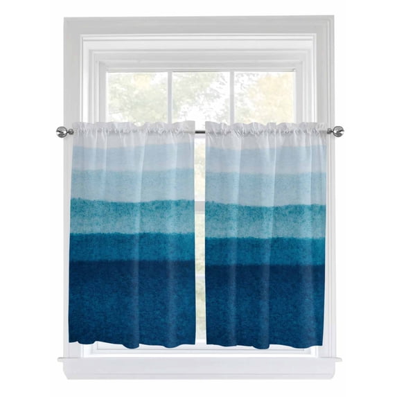 Blue Ombre Bathroom Window Curtain, Ocean Waves Beach Gradient Light Filtering Coffee Kitchen Curtains, Bedroom Living Room Curtains 2 Panel 84"x45"