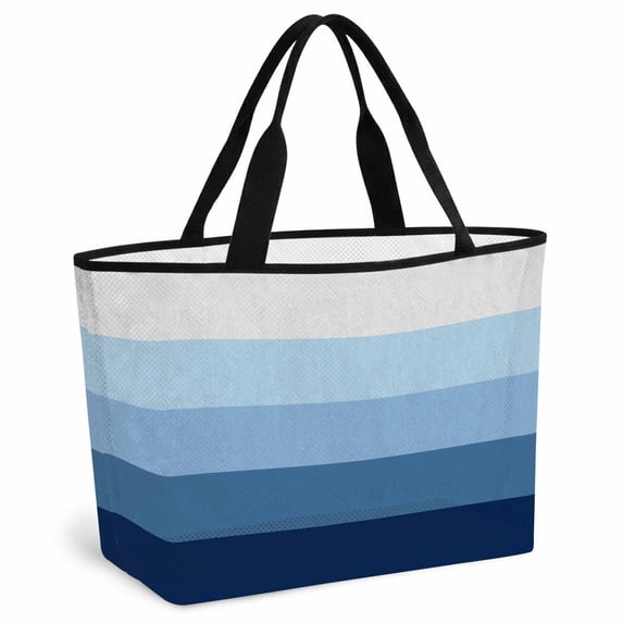 Blue Ombre Beach Bag for Women, Large Breathable Mesh Beach Tote Bag, Modern Abstract Art Farmhouse Striped Sandproof Lightweight Travel Bags for Vacation Picnic Swimming Pool 15.7"x15.7"x9.1"