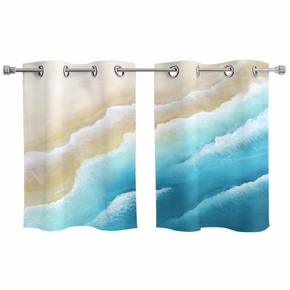 Blue Ombre Beach Kitchen Curtains Window Panels, Ocean Coastal Gradient Waves Summer Insulated Window Treatment Curtain, Grommet Curtains for Bedroom/Living Room/Bathroom, 2 Piece 27.5"Wx39"L