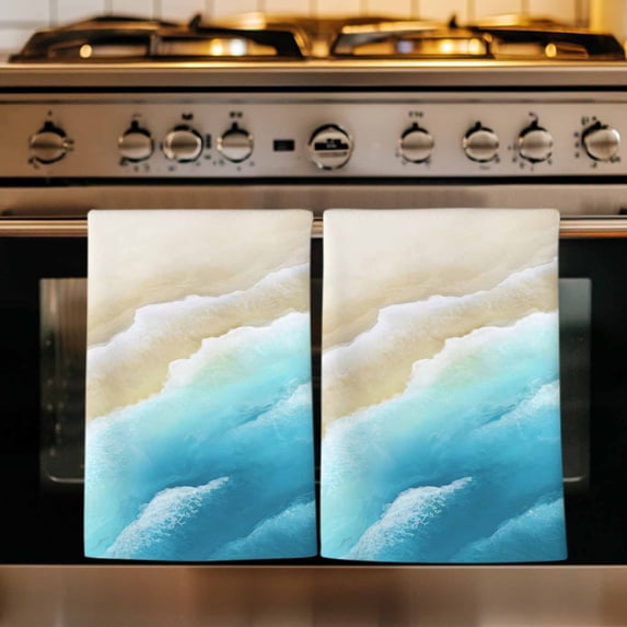 Blue Ombre Beach Kitchen Towels Set of 1, Ocean Coastal Gradient Waves Summer Absorbent Dish Towels for Kitchen, Microfiber Hand Towel, Quick Drying Tea Towel for Cleaning Decorative Dishcloths