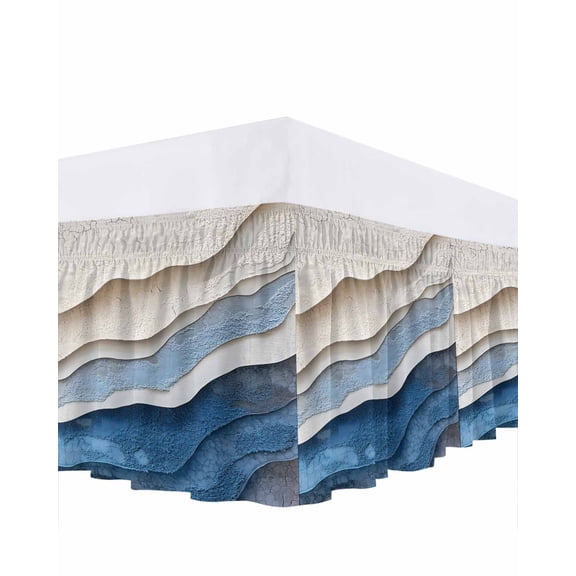 Blue Ombre Bed Skirt Cal King Size, Modern Wave Abstract Art Wrap Around Bed Skirting with Adjustable Elastic Strap, Dust Ruffled Pleated Bedskirts 18 Inch Drop for Bedroom Cal King Beds