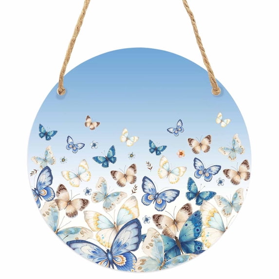 Blue Ombre Butterfly Round Front Door Welcome Sign, 5.9 Inch Wall Hanging Decor for Indoor Outdoor, Pastoral Farmhouse Butterflies Home Porch Hanger Decorations for Holiday Gift