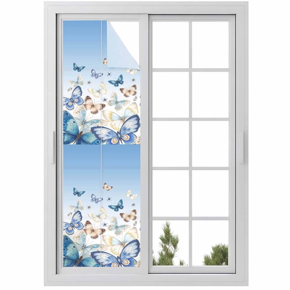 Blue Ombre Butterfly Window Privacy Film, Pastoral Farmhouse Butterflies Static Cling UV Sun Blocking Heat Control Window Tint Day and Night, Non-Adhesive One Way Windows Privacy Cover 17.7''x78.7''