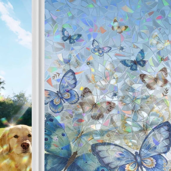 Blue Ombre Butterfly Window Privacy Film Stain Glass,Reusable Decorative Rainbow Window Film,Pastoral Farmhouse Butterflies Static Cling Sun Blocking Stickers Decals Covers 17.7" x 39.3" (2pcs)
